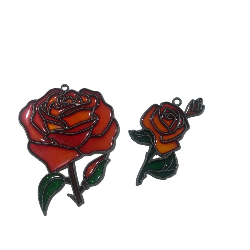 Stained Acrylic and Metal Red Rose Flower Window Art Decor Suncatcher Set Of 2
